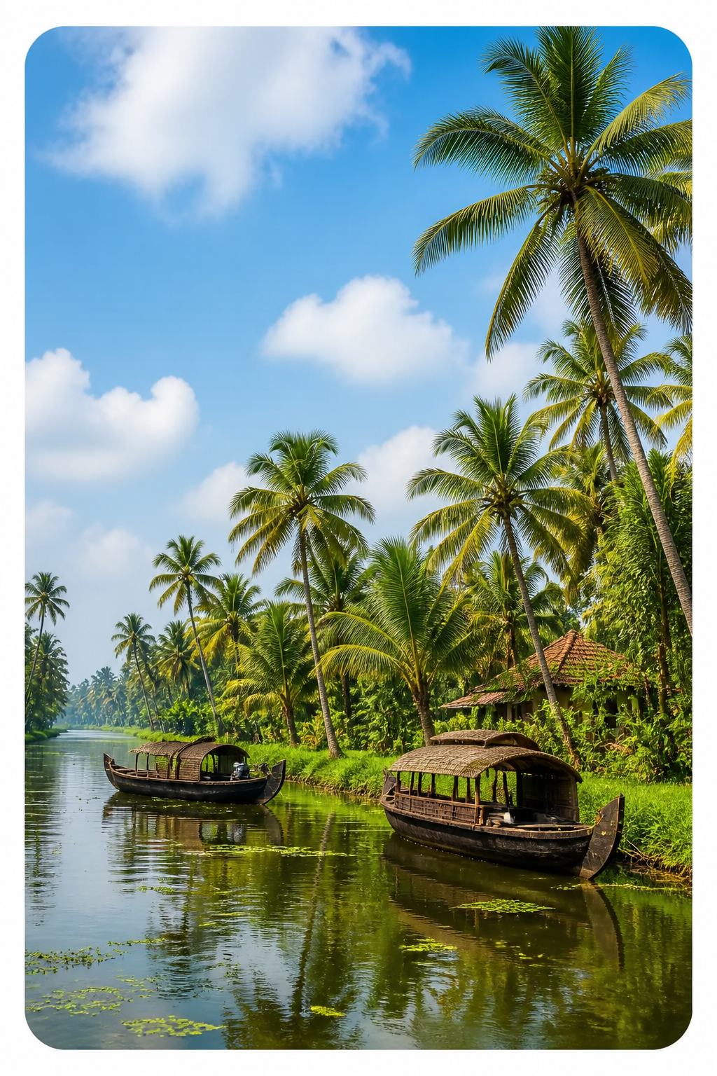 Kerala tropical backwaters with palms and boats